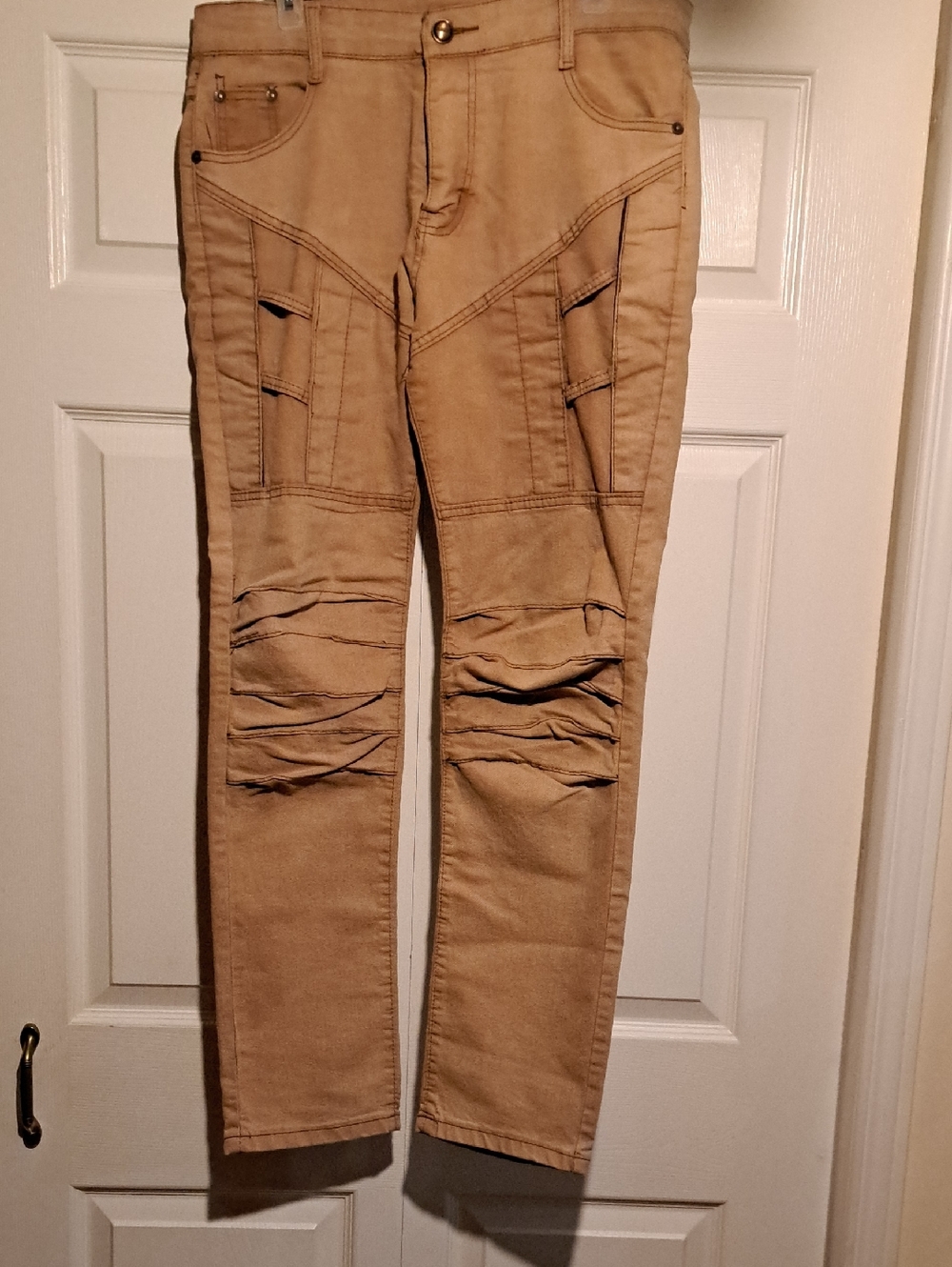 🏗Men's Tan Brown khaki Cargo Denim Stretchy Utility Pants Style *Unique Design